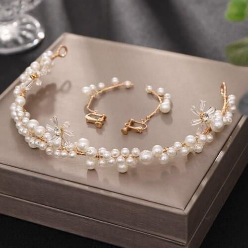 New Faux Pearl Crystal Hairband Earrings Set Charming Handmade Headwear Tassels Eardrop Bride Wedding Accrssories BN