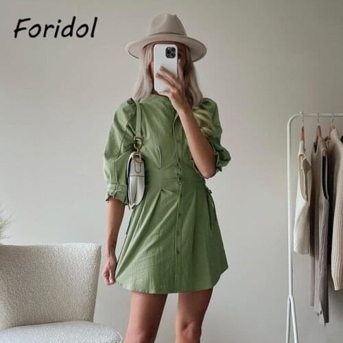 Foridol Cotton Linen Waist Lace Up Button Up Shirt Dress for Women Green Casual Autumn New Dress Vestidos Puff Sleeve