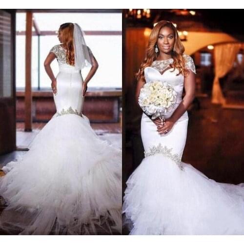 African Mermaid Wedding Dresses Beaded Bateau Short Cap Sleeves Trumpet vestidos de novia Slim Tulle Court Train Bridal Gowns