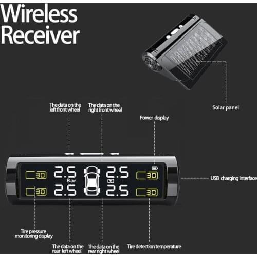 Solar Power TPMS Car Hidden Wireless LCD Digital Displaying Tire Pressure Monitor System Temperature Leakage Low Battery Alarm