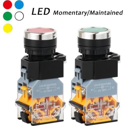 22mm Flat Push Button LED Switch Spring Return Momentary Maintained Latching Lock Light Switch 1NONC LA38-11DN Light Switch