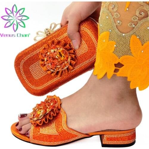 Classics Orange Color Italian Women Royal Wedding Party Shoes and Bag to Match with Shinning Crystal Nigerian Style Set