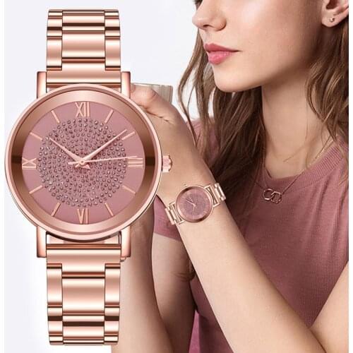 Ladies Casual Quartz Watch Luxury Rose Gold Steel Band Strap Watch