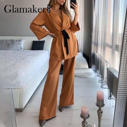 Glamaker Elegant 2 piece suits Office ladies blazer with lace up and wide leg pants Pajama style Chic autumn winter sets new