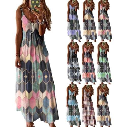 Fashion Summer Printing Long Dress Women V-neck Sleeveless Dress Camisole Party Beach Slim Robe Dresses Strap Elegant Dress L7O2