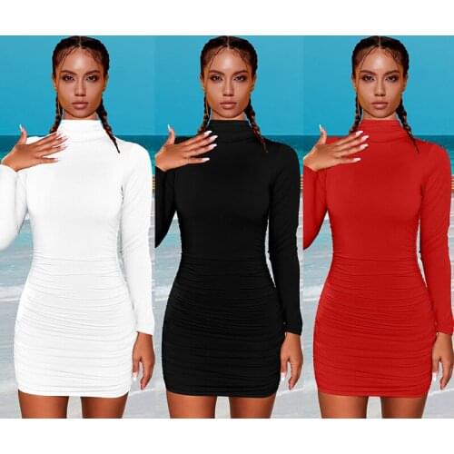 2021 Autumn and Summer High-Neck Zipper Long-Sleeved Dress Nightclub Party Sexy Fold Bag Hip Skirt Women