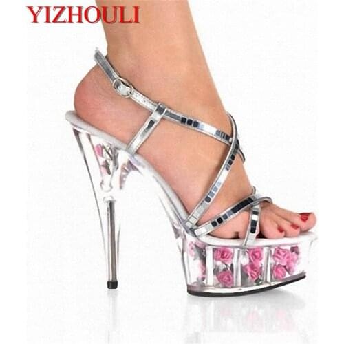 Sexy rose crystal paillette bride wedding shoes 15cm high-heeled shoes female sandals sexy 6 inch flower crystal shoes