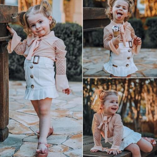 2Pcs Fashion Toddler Girls Clothes Flare Ruffle Sleeve Polka dot Shirt & White Pleated Skirt Outfits Children Clothes Sets 1-6 Y