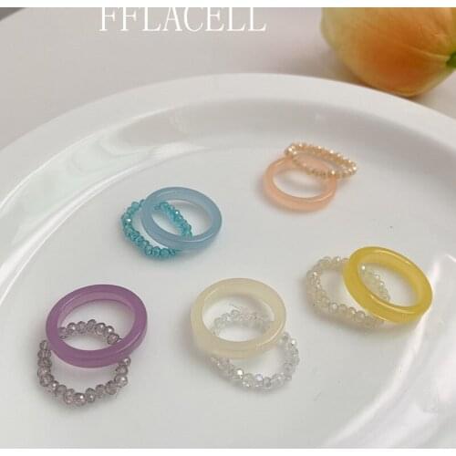 FFLACELL 2020 2Pcs Vintage Candy Color Crystal Beads Transparent Acrylic Index Finger Ring set Girls Jewelry Gift