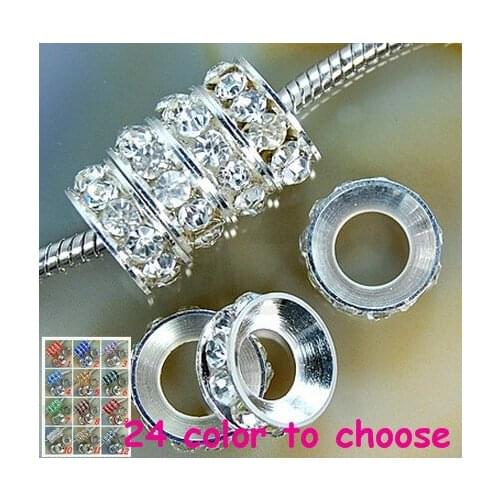 Hvb42 10mm White Rhinestone Rondelle Spacer Beads Lot,Rhodium Plated Big Hole European Beads