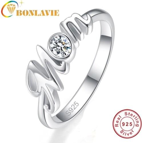 BONLAVIE Pure 925 Sterling Silver Bijoux Anel Female Ring White Gemstone Letter MOM Ring Fine Jewelry Best Gift for mom