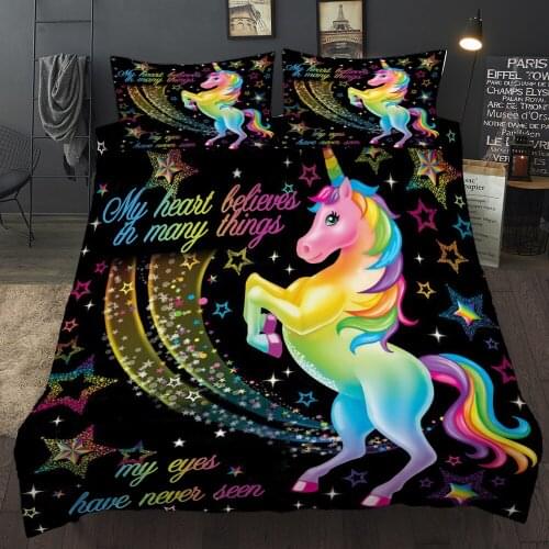 3D Duvet Cover Rainbow Unicorn Fairytale with Sparkling Stars Cartoon Digital Printing Bedding Sets Kids Room Decoration
