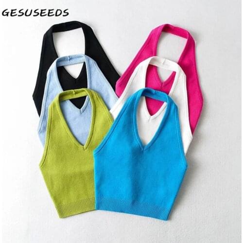 Corset Top Women Sexy Tank Top Knitted Sleeveless Tops Slim Backless Top Summer Halter Neck Tops Basic White Crop Tops Black