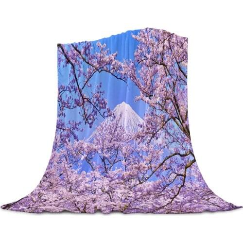 Mount Fuji Cherry Tree Pink Flowers Soft Warm Coral Fleece Blanket Winter Sheet Bedspread Sofa Throw Light Thin Flannel Blankets