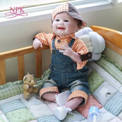 NPK 55CM soft real touch smiling face happy baby doll reborn bebe boy life size 3Month cuddly baby collecible doll