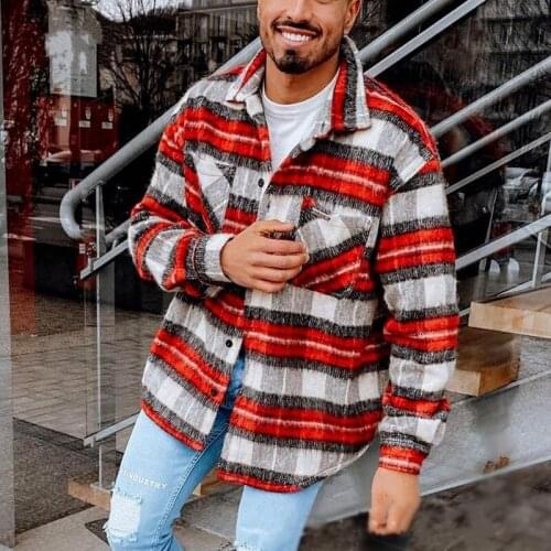 2021 spring new mens Fashion red plaid lapel Casual loose jacket coat male homme Buttoned long sleeve clothes Streetwear youth