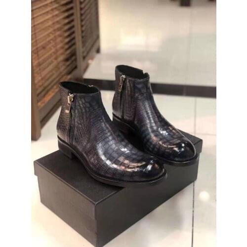 Top Quality Genuine real crocodile belly skin shinny black grey colors leather zipper men winter boots shoes cow skin linining