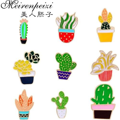 New 9 Styles Green Plant Enamel Brooch Pins Summer Hot Fashion Cactus Succulent Potted Plants Collar Brooch Women Jewelry