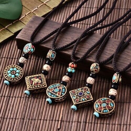 Unisex Handmade Necklace Nepal Buddhist Mala Wood Beads Pendant & Necklace Ethnic Fish Horn Long Statement Men Womens Jewelry