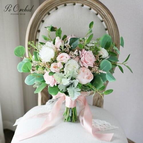 PEORCHID Beautiful Pink White Wedding Bouquet Roses Artificial Green Eucalyptus Leaf Bridal Bouquet Real Touch Flowers Bouquet