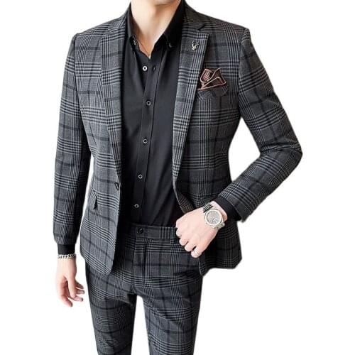 Jacket + Vest + Pants ) Groom Wedding Dress Show Formal Mens Slim Plaid Suit Social Business Male Suit 2-pces Set