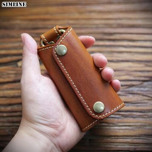 SIMLINE Genuine Leather Key Wallet Men Male Cowhide Vintage Handmade Car Key Wallets Bag Case Holder Pouch Organizer Housekeeper
