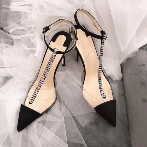 Free shipping fashion black satin strass crystal t strap high heels shoes pumps women shoes 12cm 10cm 8cm