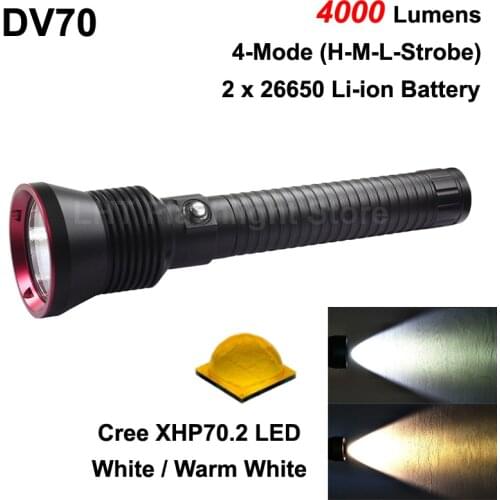 High Power DV70 Cree XHP70.2 4000 Lumens 4-Mode Diving LED Flashlight ( 2x26650 )