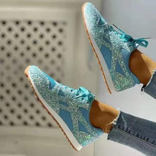 Women Bling Lace Up Sneakers 2021 Summer Woman Mesh Breathable Vulcanized Ladies Casual Flats Female Sports Shoes Plus Size