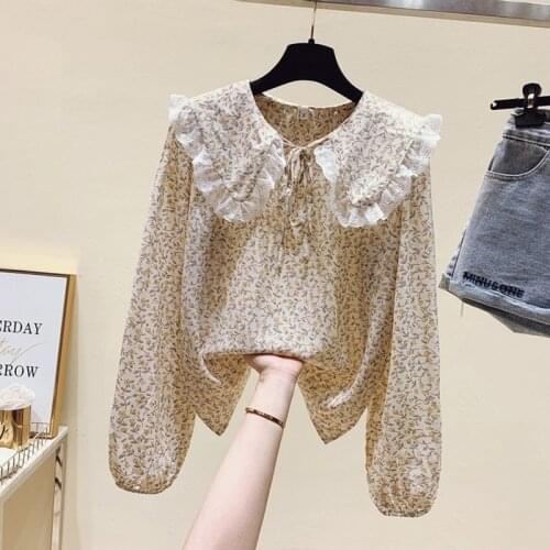 2021 Fashion New Floral Lace Stitching Doll Collar Top Women Long Sleeve Chiffon Temperament Casual All-match Shirt
