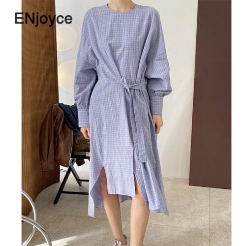 Women Fashion New Design Plaid Maxi Dress with Belt Korean Style Loose Casual Round Neck Long Sleeve A-line Drsses Spring 2021