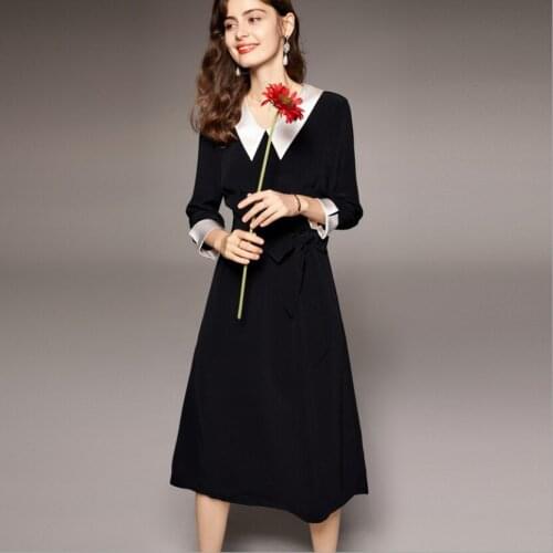 Three Quarter Sleeve Black Acetate Summer Ladies Dress Turn-Down Collar Grace Womans Skirt With Belt Slim Waist Long OL Skirts