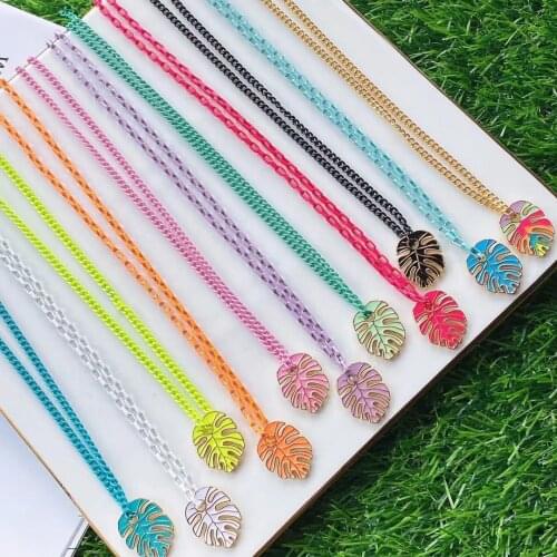 5Pcs Multicolor Enameled Leaf Pendant Necklace Women Fashion Curb Chain Necklace Vintage 2021 Femme Gifts