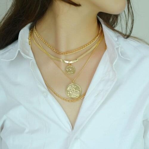 New Vintage Boho Fashion Multilevel Gold Color Human Head Coin Pendant Necklaces Womens Trend Thick Chain Necklace Jewelry Gift