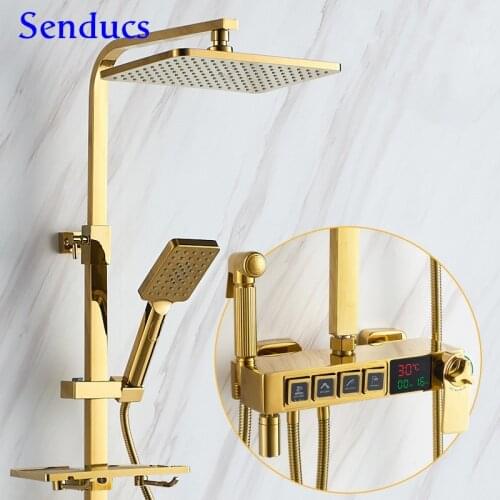 Gold Bathroom Shower Set Luxury Digital Bathroom Shower System of 12 Inch Rainfall Shower Head Gold Thermostatic Shower Set