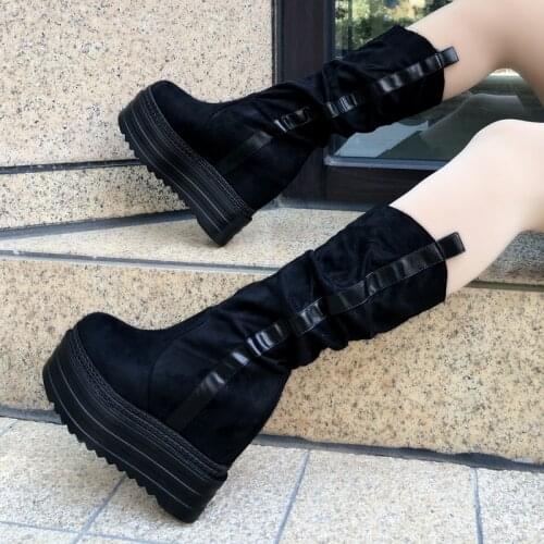 Winter Increases Heel Womens Ankle Boots Thick Bottom Wedges 13cm High Heel Platform Shoes Black Martin Boots Female