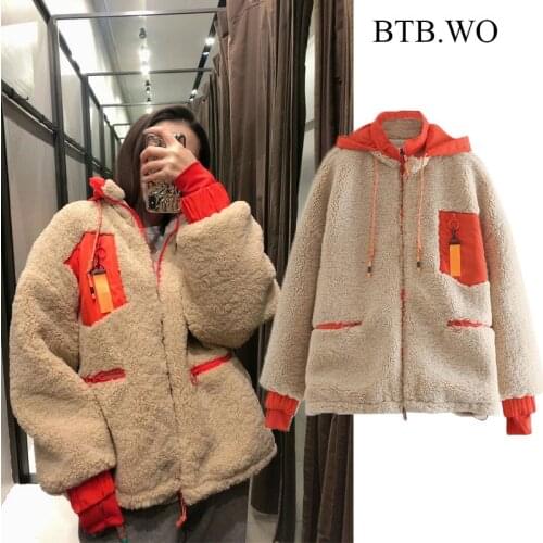 BTB.WO Women Jackets Za Streetwear Thick Winter Warm Loose Woolen Coat Hooded Long Sleeve Side Pockets Female Mujer Casual Jacke
