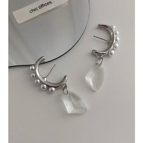 Korean Silver Color Letter C Beading Bar Pearl Drop Earrings for Women Charms Geometric Acrylic Square Dangle Earrings Jewelry