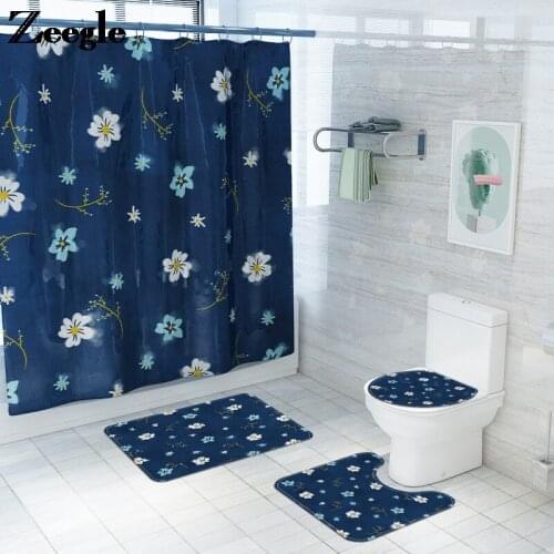 Home Decor Bath Mat and Waterproof Shower Curtain Set Floral Printed Bathroom Carpet Rug Microsoft Toilet Mat