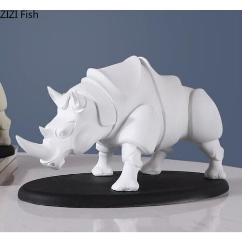 Creative White Resin Rhino Sculpture Statuette Model TV Cabinet Desktop Ornaments Abstract Simulation Animal Crafts Home Decor
