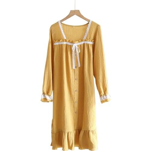 Square Collar Ladies Sweet Sleep Dress Comfort 100% Gauze Cotton Solid Color Thin Household Casual Dress Women Loose Full Sleeve