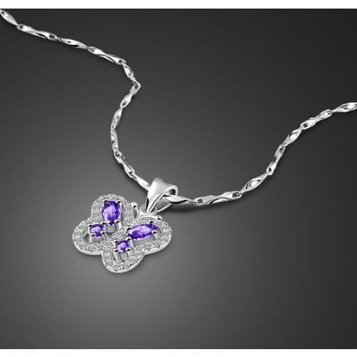 Fashion Girl & Woman Purple Zircon Butterfly Pendant Necklace Chain 100% 925 Sterling Silver Choker Bohemian Jewelry Wholesale
