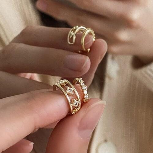 Boho Fashion Gold Round Cuff Crystal Star Earcuff Fake Piercing Clip on Earrings Faux Earing Earcuffs Earclips 2pcs/set