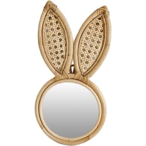Wall Hanging Mirror Handmade Natural Rattan Dressing Makeup Mirror Cute Rabbit Shape Round Mirror For Home Bathroom Decoration