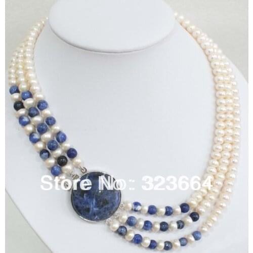 NEW 3 rows white freshwater pearl lapis lazuli necklace