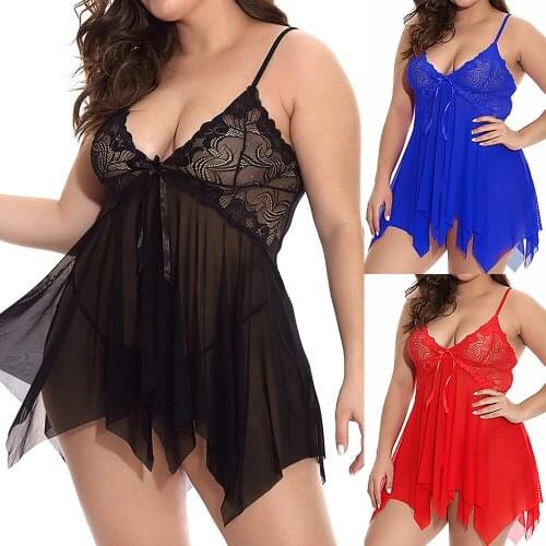 Plus Size 5XL Abdomen Underwear Set Rimless Floral Elegant Lace Intimates V-neck Transparent Mesh Doll Set Strap Negligee D25