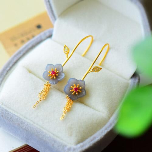 S925 Sterling Silver Long Tassel Luxury Natural Hetian Jade Smoky Gray Vintage Flower Temperament Earrings for Women Eardrop Jew