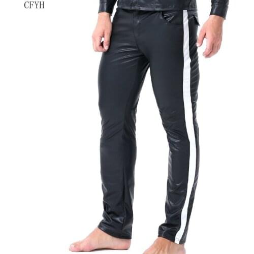 Sexy Male Stripe Splice Leather Pants Fad Tight Patent Leather Outfit Mens Wear Faux Leather Punk Pants Elastic Tight Trousers