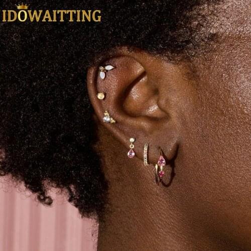 Minimal Delicate 925 Sterling Silver 2pc Ruby Color Cubic Zirconia Circle Hoop Earring Gold Plated Fashion Engagement Jewelry