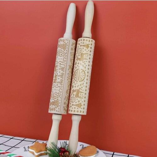 Christmas Wood Embossing Rolling Pin Engraved Snowflake Elk Cake Baking Cookie Noodle Dough Rolling Pin Kitchen Accessories